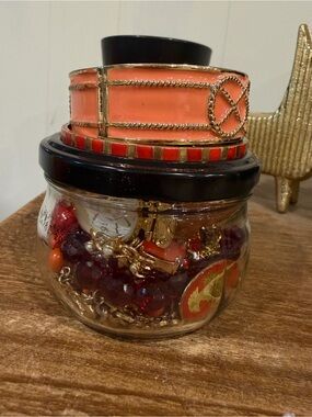 Deeply red and light coral w/lobster mystery jewelry jar